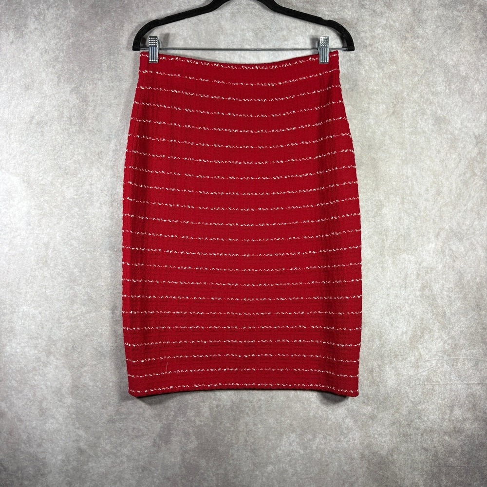 St. John Collection Marie Gray Pencil Skirt Womens 6 Red Striped Santana Knit